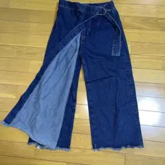 濃い青 ワイドパンツ ラップスタイル ベルト付き