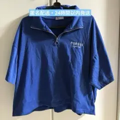 QVEHEMENT. ハーフジップ 半袖トップス ブルー Mサイズ ロゴ入り