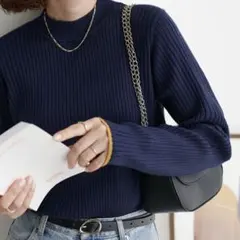 モチモチリブパイピングハイネック discoat ダークブルー