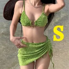 水着 ビキニ セクシー グリーン ベロア ３点セット 体型カバー リゾート