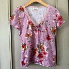 絹100%‼️✳️ローラアシュレイ　ブラウス花柄半袖シルク✳️ シフォン ローラアシュレイ 絹100% シルクシフォン花柄半袖ブラウス 9号 M