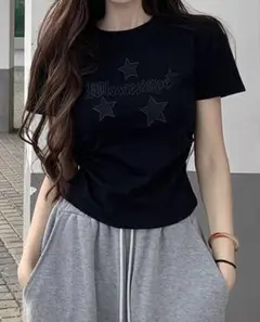 ブラック スター刺繍 半袖Tシャツ