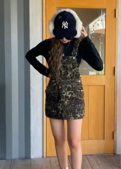 レオパード柄カーキサロペット