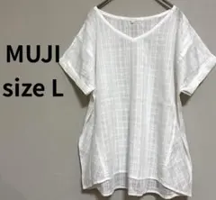 無印良品 コットンチェック Vネック ワイドブラウス L ホワイト