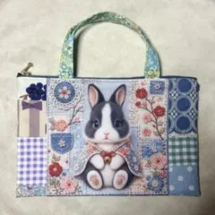 ハンドメイド　持ち手付き両面パネルポーチ　うさぎ　刺繍生地のサムネイル