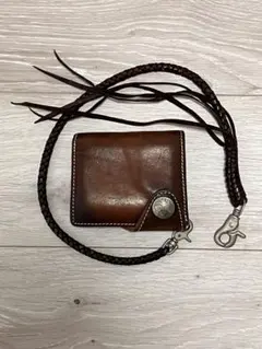 レザー 二つ折り財布 ブラウン レザーチェーン付き