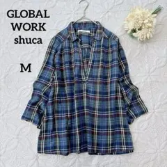 グローバルワーク　shuca チェックシャツ　スキッパー　ブルー系　綿