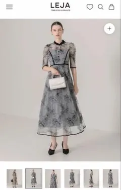LEJA 配色パイピングプチハイネック花柄刺繍ラメレースロング丈ドレス