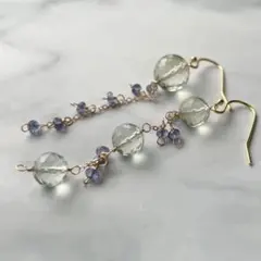 ミラーボール グリーンアメジスト アイオライト アシンメトリー ロングピアス