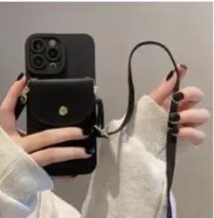ブラック人工レザー iPhone12用ケース ショルダーストラップ付き
