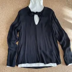 リボン付きブラウス　スキッパー　ブラック　薄手