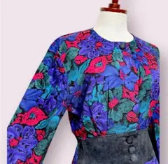 vintageヴィンテージワンピース花柄スエード切替前開きレトロUSA海外古着