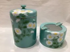 オールドノリタケ　陶器製煙草入れ、灰皿　青地白菊　ビンテージ　ヤジロベー印記念品