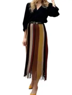 【美品】ZARA ストライプ フリンジ ニットロングスカート
