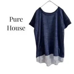 PureHouse 半袖デザインチュニック 薄手 レイヤード Tシャツ ネイビー