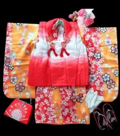 七五三 3歳 女の子 赤 桜 7点セット 着物 被布 長襦袢 足袋 草履 巾着