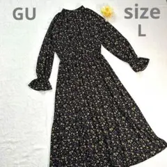 美品　ロングワンピース　小花柄　ネイビー　袖フリル　ウェストゴム　体型カバー