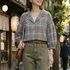 w closet ダブルクローゼット チェック 開襟シャツ バルーンスリーブ