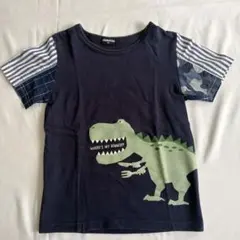 クレードスコープ 紺色恐竜プリント 袖ストライプ迷彩Tシャツ 120