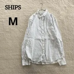 SHIPS シップス ストライプ長袖シャツホワイト白ブルー青M麻リネン混