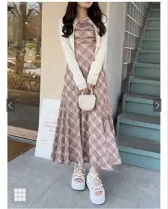 GRL チェック柄ギャザーリボンキャミソールワンピース ベージュ S