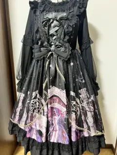 ゴスロリ ゴシックロリィタ ワンピース プリント柄 ブラックドレス　黒ロリ