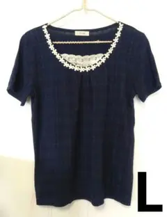 Lサイズ　Ｔシャツ　レース　紺　チェック柄のサムネイル