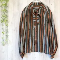 【レトロ】ボウタイブラウス ストライプ オレンジ×グレー 総柄 ヴィンテージ風