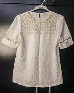 美品】シフォンドット ブラウス 半袖 レース シースルー 辺見えみり 