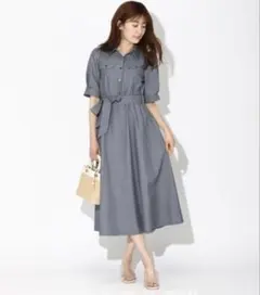 23区 【洗える】キュプラエステルツイル シャツワンピース オリーブ系