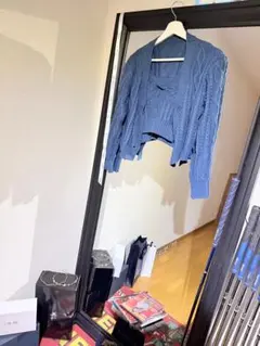 ブルー ケーブルニット クロップドカーディガン