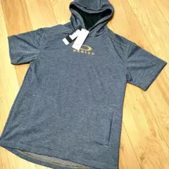 OAKLEY ネイビー ジーンズ色 フーディー半袖パーカー メンズLサイズ