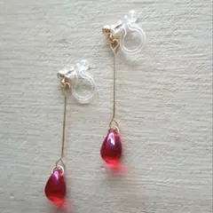 華やかレッド＊一粒チェコガラス 樹脂イヤリング