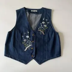 古着　ベスト　デニム　刺繍　花　古着屋　ガーリーのサムネイル