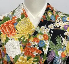美品　小紋　着物　袷　花柄　金彩　黒　正絹