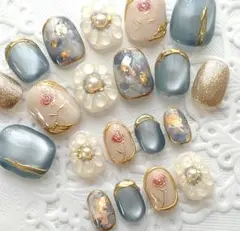 ネイルチップ ぷっくりお花/フラワー/大理石/薔薇/マグネットフルサイズb952