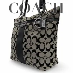 【良品】コーチ　トートバッグ　シグネチャー　レザー　キャンバス　チャーム　黒