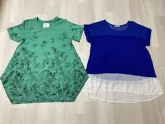 花柄グリーン 半袖Tシャツ＆ 青いレイヤードスタイルトップス カットソーMサイズのサムネイル