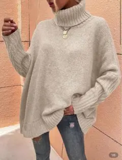 タートルネック ニットセーター　オリーブ　レディース