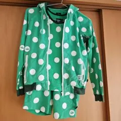 緑色 水玉模様 フード付きジャケットとショートパンツセット 100cm