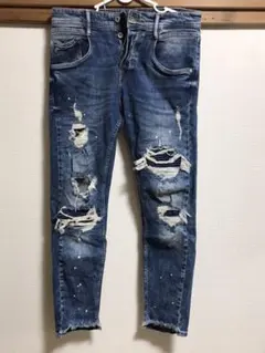 Zara Man バイカー　ペイント　ストレッチ　スキニー　ダメージデニム 30