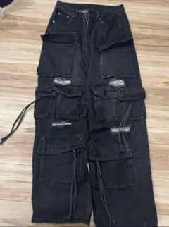 ブラックデニム　archive カーゴデニム　グランジ　y2k カーゴパンツ archive cargo denim pants 極太 buggy Y2K - メルカリ