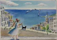 水彩画　イラスト　海の見える街