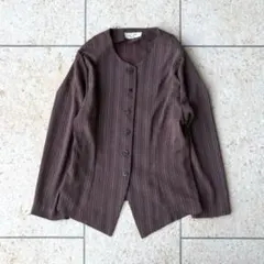 美品 ノーカラージャケット 春物 ブラウン ストライプ レトロ 日本製