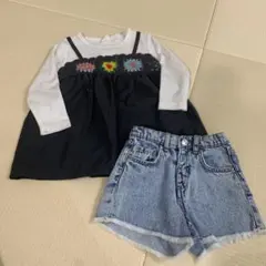 キッズ花柄刺繍チュニックとデニムショートパンツセット 100cm ボトムス98㎝