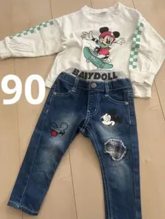 プ*v様 子供服　ミッキーマウス　ロンT デニム　セット　保育園着のサムネイル
