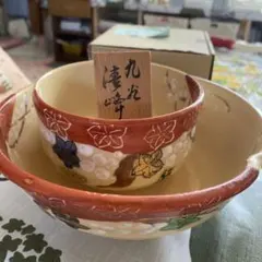 九谷焼 陶器製花模様どんぶり、茶器2点セット