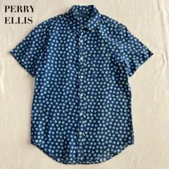 PERRY ELLIS リネンコットン 総柄 半袖シャツ ネイビー 水玉模様