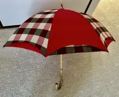 ☆美品！UV対策パラソルローズピンクチェック柄 持ち手バンブー長傘・日傘☆