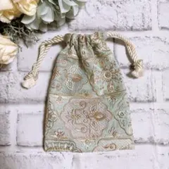 インド刺繍リボン　ポーチ　マルチ　ハンドメイド　ミニポーチ　巾着　NO3075